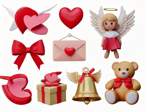 3d rendering. Valentine's Day icons set on a white background winged bell, heart tag 