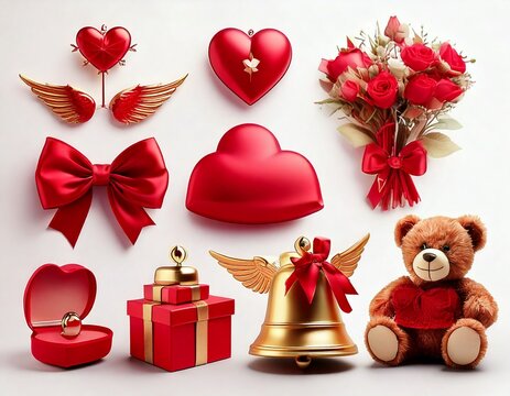 3d rendering. Valentine's Day icons set on a white background winged bell, heart tag 