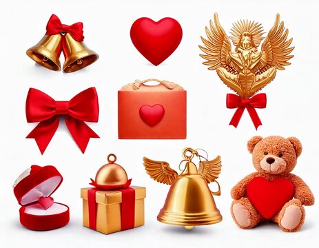 3d rendering. Valentine's Day icons set on a white background winged bell, heart tag 