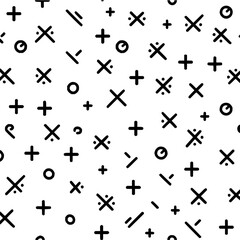 Poster - Seamless pattern of black plus signs, crosses, circles, and short lines on a white background design