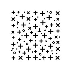 Poster - Scattered black plus signs x marks and circles on a white background creating a pattern design element