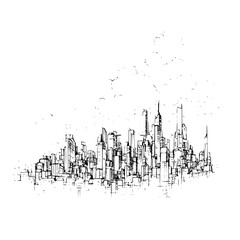 Poster - Monochrome sketch of a dense city skyline with tall buildings and a white background in a simple style