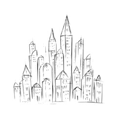 Poster - Hand drawn sketch of a cityscape with various buildings and skyscrapers in black and white style art