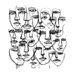 Poster - Line art illustration depicting a multitude of abstract faces overlapping in a dense arrangement