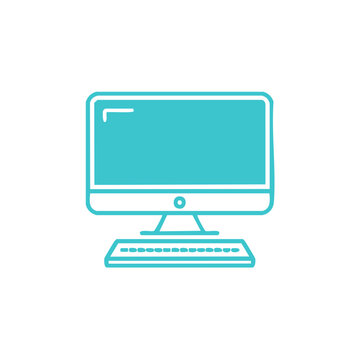 Simple Teal Computer Outline Illustration with Monitor and Keyboard on White for Office or Home Use