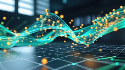 Poster - Abstract digital wave diagram representing data flow connectivity and technological innovation in a futuristic grid with glowing lines and floating particles
