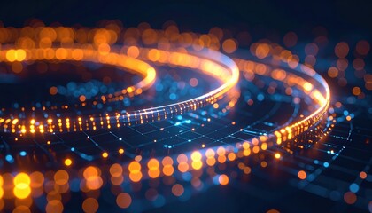 Poster - Abstract digital light trails with glowing particles and dynamic curved paths in vibrant orange and blue colors for technology, innovation, and digital concepts