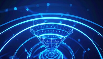 Poster - Futuristic digital hologram tunnel with glowing circular waves and wireframe funnel portal in deep blue???????????????
