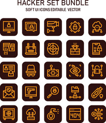 Poster - Collection of cybersecurity themed icons with soft UI elements representing hacker tools and technology concepts for