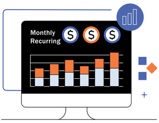 Fototapete - Flat Area Chart Showing Growth With SAAS Icons Including Cloud Symbol and Subscription Metrics in a Clean Minimal Infographic Design