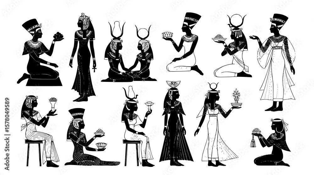Egyptian goddesses silhouettes are depicted in a vintage style, showing ...
