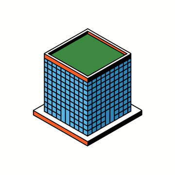 Isometric illustration of a modern building with a green roof, set against a white background.