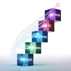 Poster - Ascending Interconnected Cube Diagram Illustrating Business Process with Digital Lines and Lighting