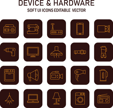 Diverse assortment of outline icons representing household appliances and electronic devices showcased in a soft ui