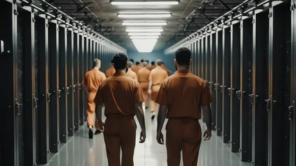 Prisoners in orange jumpsuits walk down a long corridor together
