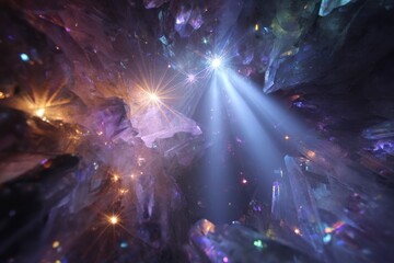 Wall Mural - Luminous Crystal Cave with Glowing Gems and Beams of Light