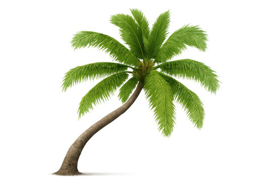 Realistic 3d rendering of a curved coconut palm tree isolated on transparent background, perfect for architectural visualization or tropical design projects