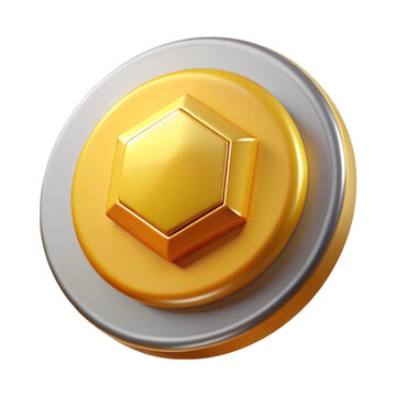 3d rendered golden game token on black background with hexagonal gemstone design