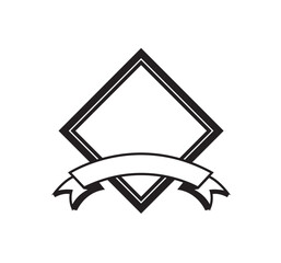 Aufkleber - A geometric black and white diamond shape with a banner underneath, simple design.