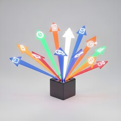 Poster - Colorful Glowing Arrows With Icons Emerging From A Black Cube Against Gray Background