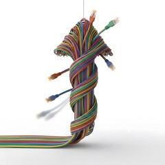Poster - Colorful Network Cables Twisted Into An Upward Arrow On White Background