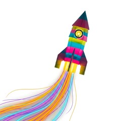 Poster - Colorful Rocket Ship Launching Upward With Bright Trails on White Background