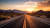 Golden sunset over a long, straight desert highway leading towards majestic mountains. Scenic road trip landscape symbolizing journey, freedom, and the path forward.