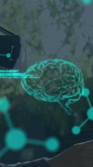 Poster - Animation of human brains spinning and data processing over man wearing vr headset