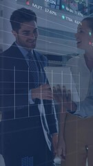 Poster - Animation of financial data and graphs over happy diverse businesspeople talking in office
