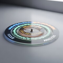 Poster - Conceptual Clock Face with Illuminated Focus Collaboration and Analysis Words on Gray Surface