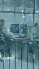 Poster - Animation of financial data processing over diverse business people in office and cityscape