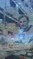 Poster - Animation of networks of connections with digital icons over couple using computer