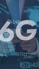 Poster - Animation of globe, graphs and 6g over hands of caucasian businessman using smartphone
