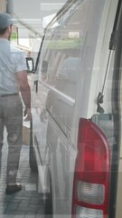 Poster - Animation of statistics and financial data processing over delivery man and van