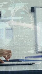 Poster - Animation of asian boy using digital tablet in classroom over padlock and infographic interface