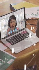 Poster - Animation of connections and shapes over african american woman having video call on laptop