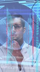 Poster - Animation of male scientist behind interactive computer screen processing medical data