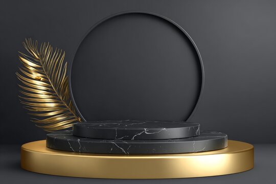Black and Gold Podium Display with Minimalist Leaf Detail