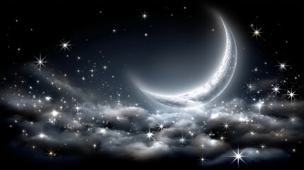 Wall Mural - Crescent Moon Over Luminous Clouds and Sparkling Stars
