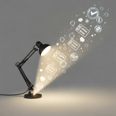 Poster - Desk Lamp Illuminating Checkmarks And Document Symbols On Gray Background
