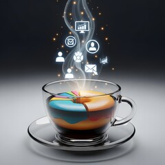 Poster - Digital Illustration Of Coffee Cup With Donut-Shaped Pie Chart And Business Icons Rising Above