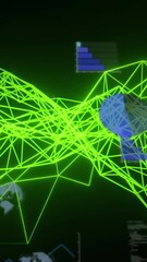 Poster - Animation of neon green digital wave and statistical data processing against black background