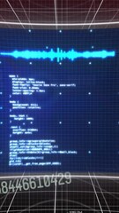 Poster - Animation of changing numbers over screen with data processing over grid network on black background