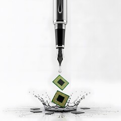 Poster - Fountain Pen Dripping Ink Onto Computer Chips Creating Splash Against White Background