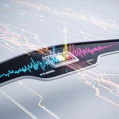 Poster - Futuristic Digital Display with Illuminated Circuits and Data Streams on a White Background