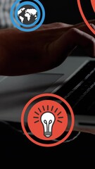 Poster - Animation of icon in circles over midsection of caucasian man using laptop