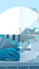 Poster - Animation of dna helix over pie chart over caucasian scientist placing liquid in machine
