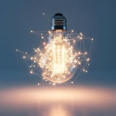 Poster - Glowing Lightbulb With Network Of Connected Lines Representing Idea Innovation On Blue Gradient Background
