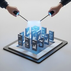 Poster - Hands Holding Lights Illuminating Data Blocks On Digital Tablet With Bright White Background