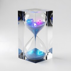 Poster - Illuminated Hourglass with Digital Icons and Blue Particles on White Background